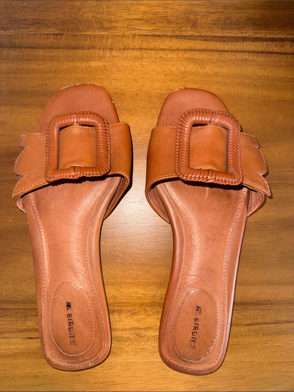 Birdies Cognac Slide Sandals with Statement Buckle
